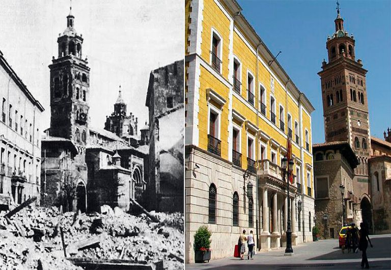 Imagen de la destrucción sufrida por la ciudad, izquierda y aspecto actual tras la reconstrucción, derecha. Imagen de la destrucción sufrida por la ciudad, izquierda y aspecto actual tras la reconstrucción, derecha.