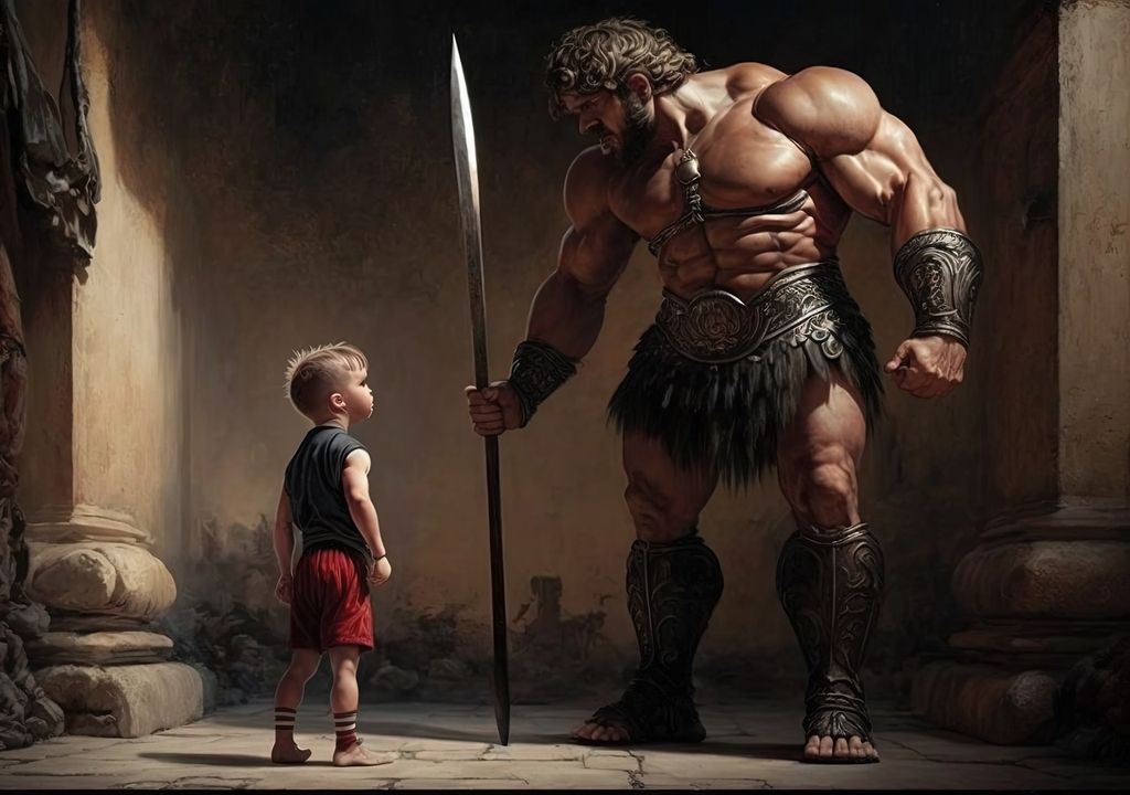Hombre fuerte de guerra antigua y niño pequeño
