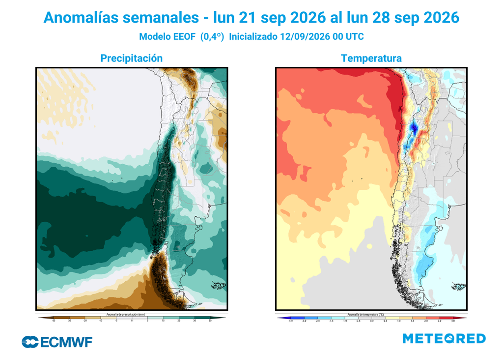 Anomalías de precipitaciones y temperaturas En la última semana de septiembre se espera un ligero avance de las altas presiones hacia la Patagonia. Además de provocar un descenso en las temperaturas, esto empujaría los frentes hacia las regiones del sur y centro de Chile.