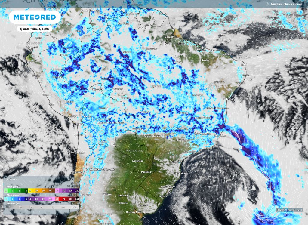 Mapa de precipitação e nebulosidade para a tarde desta quinta-feira (4).
