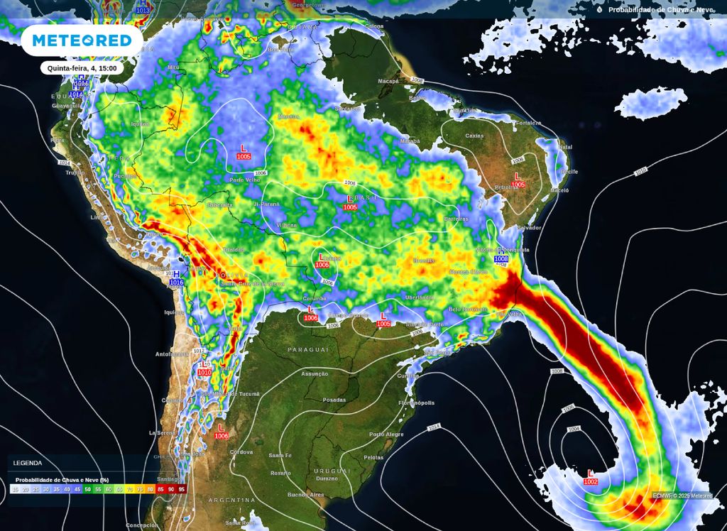 Probabilidade de precipitação para a tarde desta quinta-feira (4), de acordo com o modelo ECMWF. A imagem mostra, chuvas por todo o Brasil com exceção de parte do Nordeste e Sul do país.