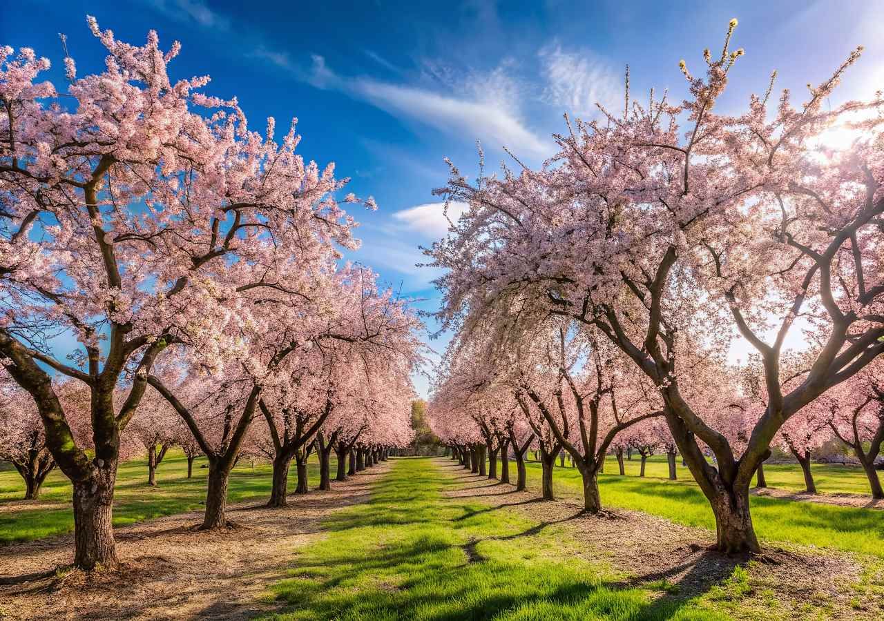 Los almendros de la Quinta de los Molinos en plena floración, ofreciendo un espectáculo natural único en Madrid durante los meses de febrero y marzo.
