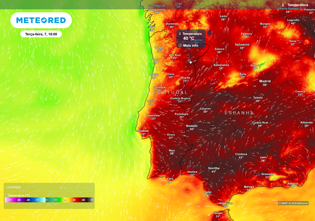 O litoral registou, durante a madrugada do dia de hoje (7) uma madrugada mais fresca, enquanto o interior ainda enfrenta temperaturas próximas dos 40 °C durante esta tarde.