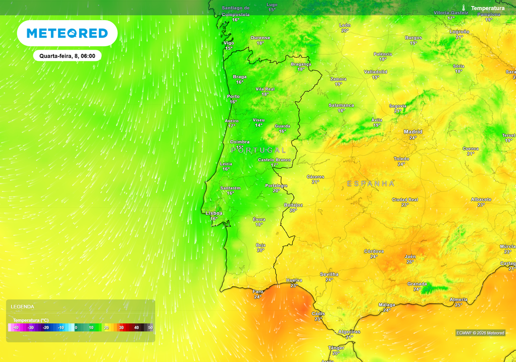 Na madrugada de quarta-feira, a maioria do território continental já apresenta temperaturas próximas da média climatológica para esta época do ano, sobretudo junto ao litoral.