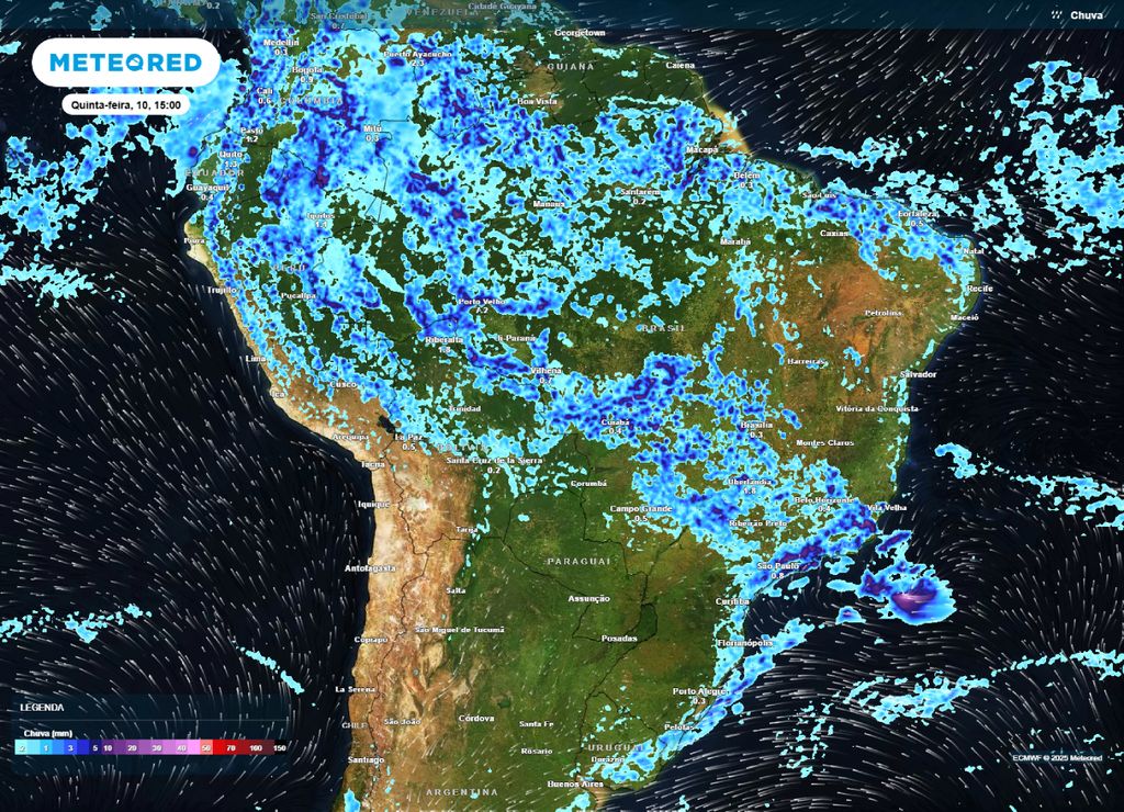 Chuva prevista para o Brasil, na tarde de quinta-feira (10), segundo o modelo ECMWF. Chuva prevista para o Brasil, na tarde de quinta-feira (10), segundo o modelo ECMWF.