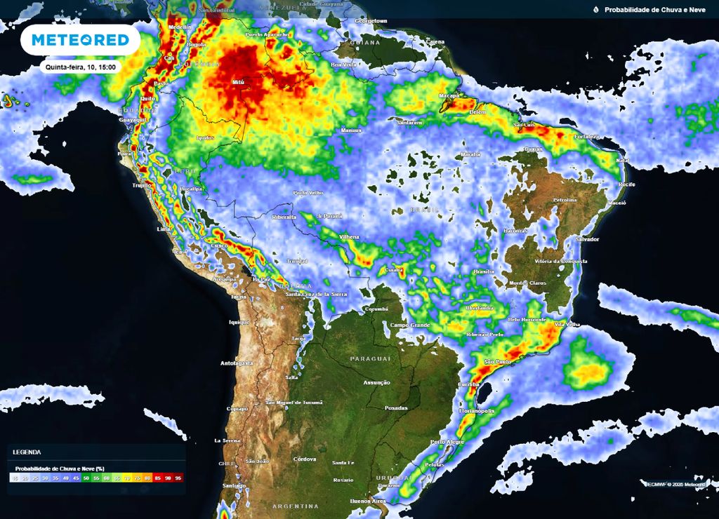 Mapa de probabilidade de precipitação para a tarde de quinta-feira (10), segundo o modelo ECMWF. Mapa de probabilidade de precipitação para a tarde de quinta-feira (10), segundo o modelo ECMWF.