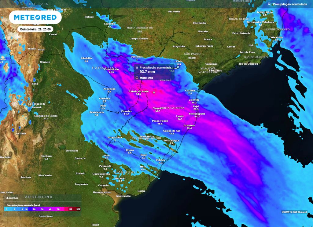 Mapa de precipitação acumulada entre quarta (25) e quinta-feira (26). Mapa de precipitação acumulada entre quarta (25) e quinta-feira (26).