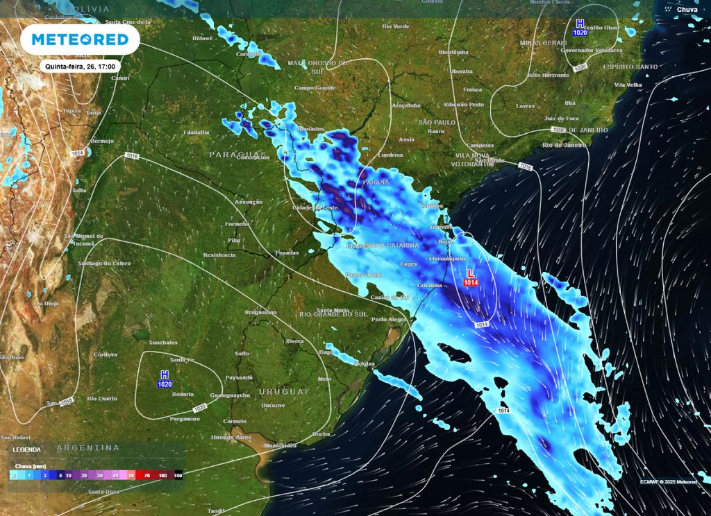 Mapa de precipitação prevista para a tarde de quinta-feira (26), segundo o modelo ECMWF. Mapa de precipitação prevista para a tarde de quinta-feira (26), segundo o modelo ECMWF.