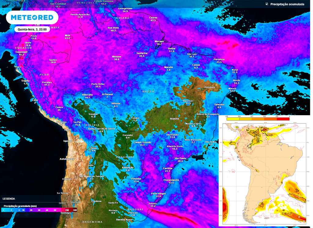 Mapa de precipitação acumulada entre quarta (02) e quinta-feira (03).