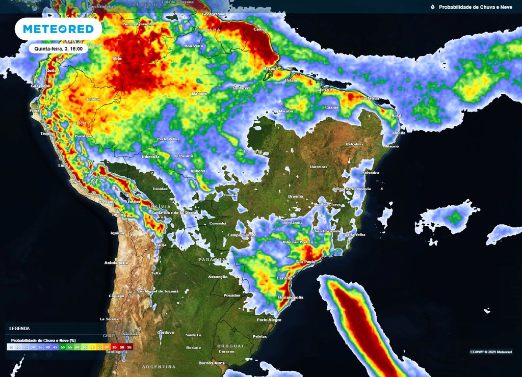 Mapa de probabilidade de precipitação para a tarde de quinta-feira (03), segundo o modelo ECMWF.