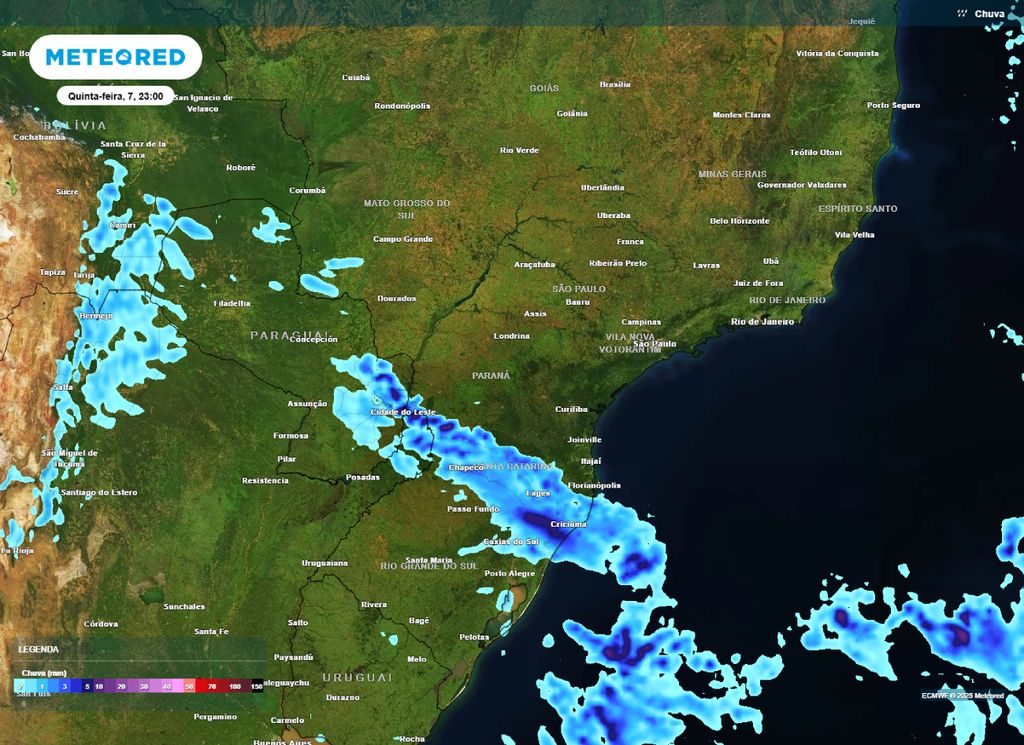 Precipitação prevista para a noite de quinta-feira (7) sobre a Região Sul.
