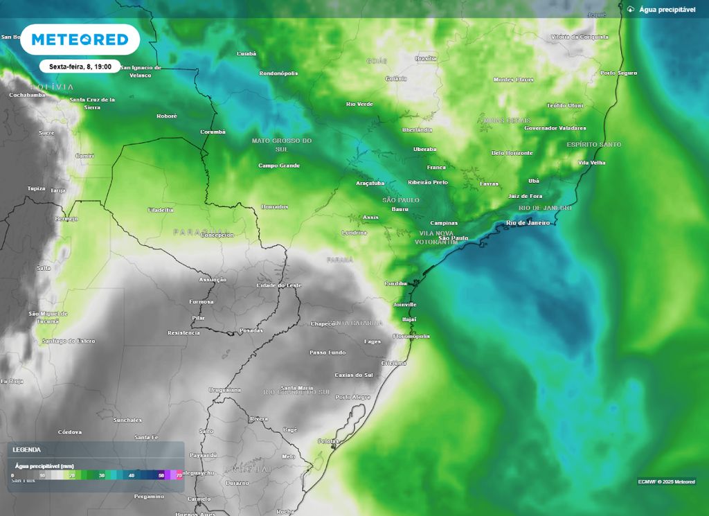 Quantidade de água precipitável para a noite de sexta-feira (8).
