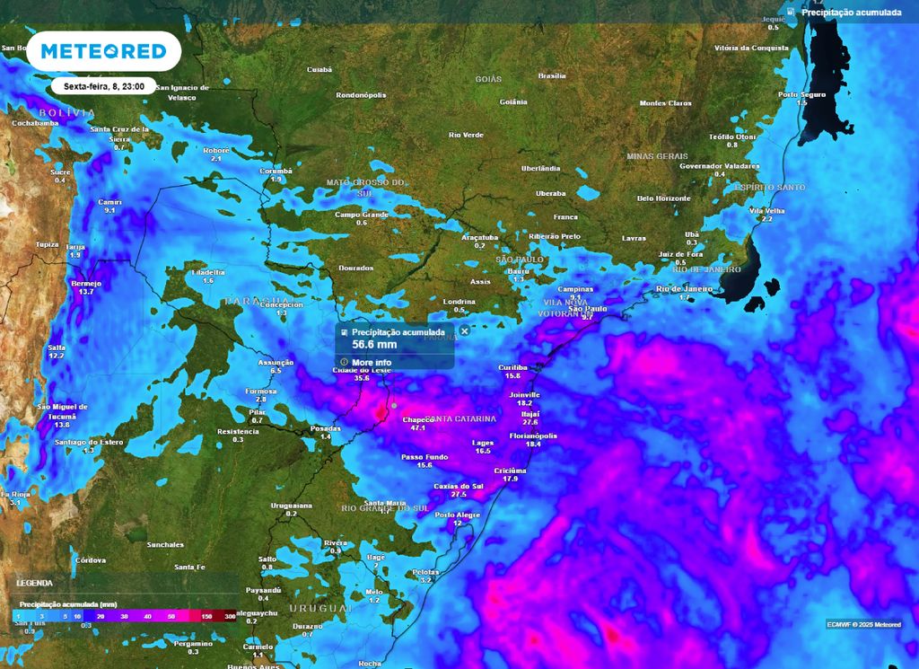 Precipitação acumulada entre quarta (6) e sexta-feira (8).