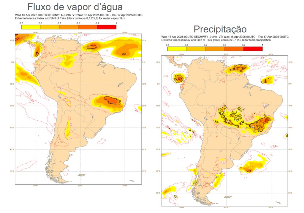 Previsão do EFI do ECMWF para fluxo de vapor d’água e precipitação, quinta-feira (17). Previsão do EFI do ECMWF para fluxo de vapor d’água e precipitação, quinta-feira (17).