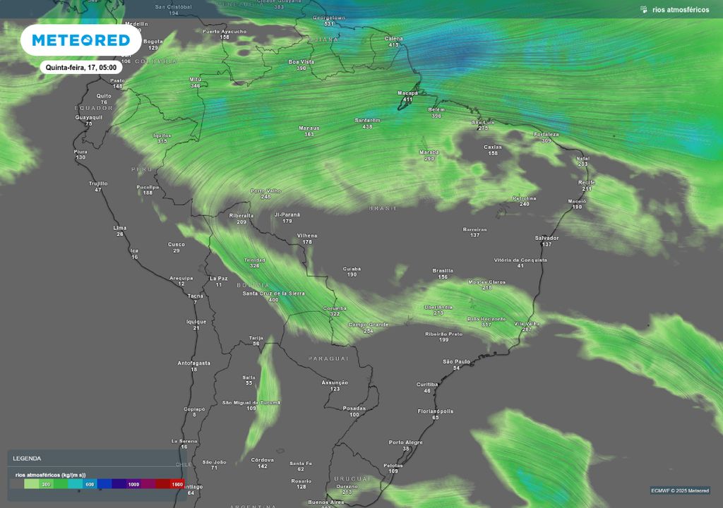 Previsão de rio atmosférico quinta-feira (17) de acordo com o ECMWF. Previsão de rio atmosférico quinta-feira (17) de acordo com o ECMWF.