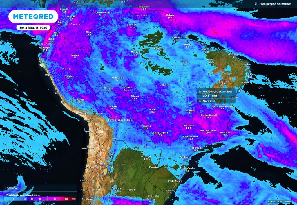 Previsão de chuva acumulada até o fim da quinta-feira (17), de acordo com o modelo ECMWF. Previsão de chuva acumulada até o fim da quinta-feira (17), de acordo com o modelo ECMWF.