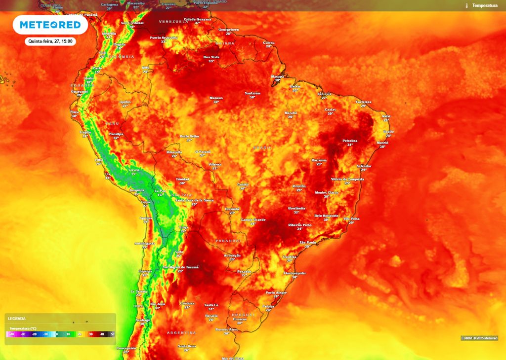 Temperatura máxima prevista para o Brasil na tarde de quinta-feira (27).