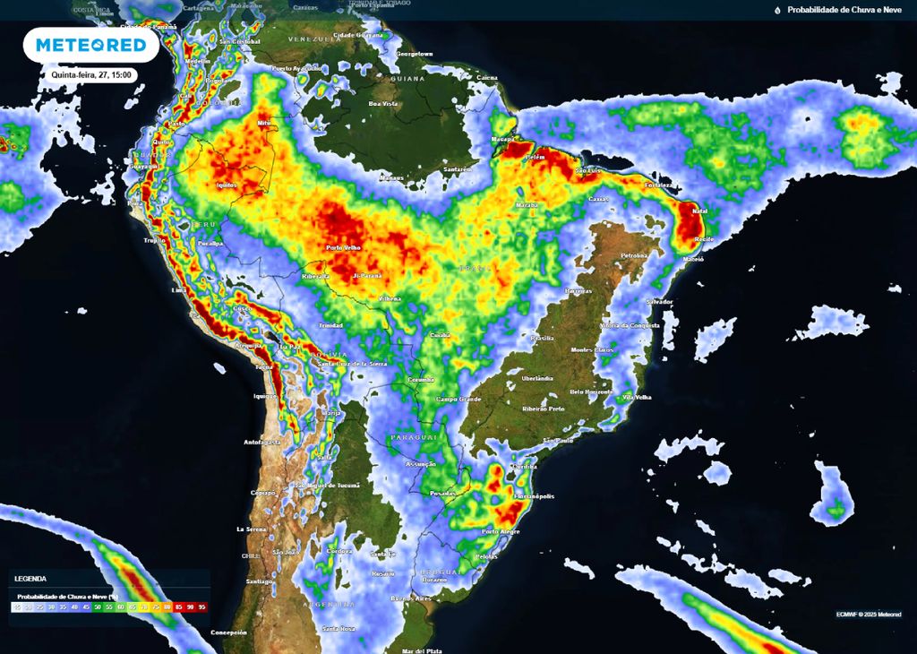 Mapa mostra as chances de ocorrência de chuvas para o Brasil, na tarde desta quinta-feira (27).