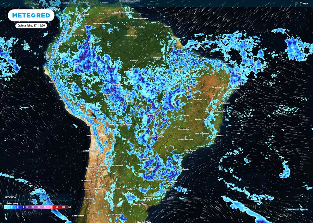 Previsão de precipitação para a tarde de quinta-feira (27), segundo o modelo ECMWF.