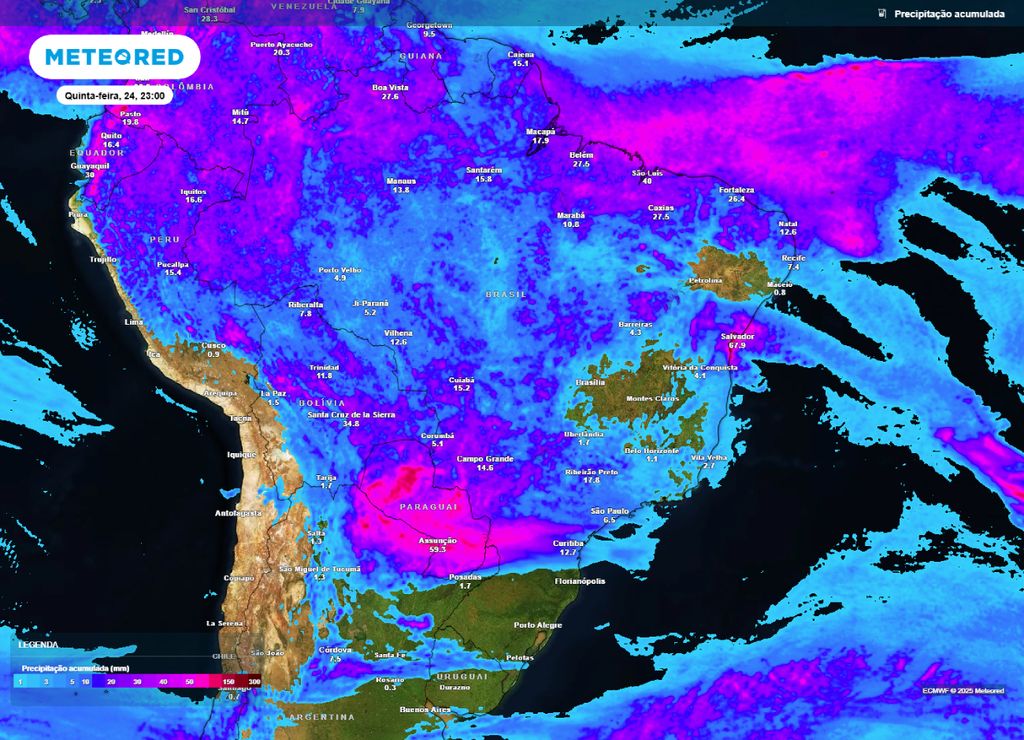 Mapa de precipitação acumulada entre quarta (23) e quinta-feira (24). Mapa de precipitação acumulada entre quarta (23) e quinta-feira (24).