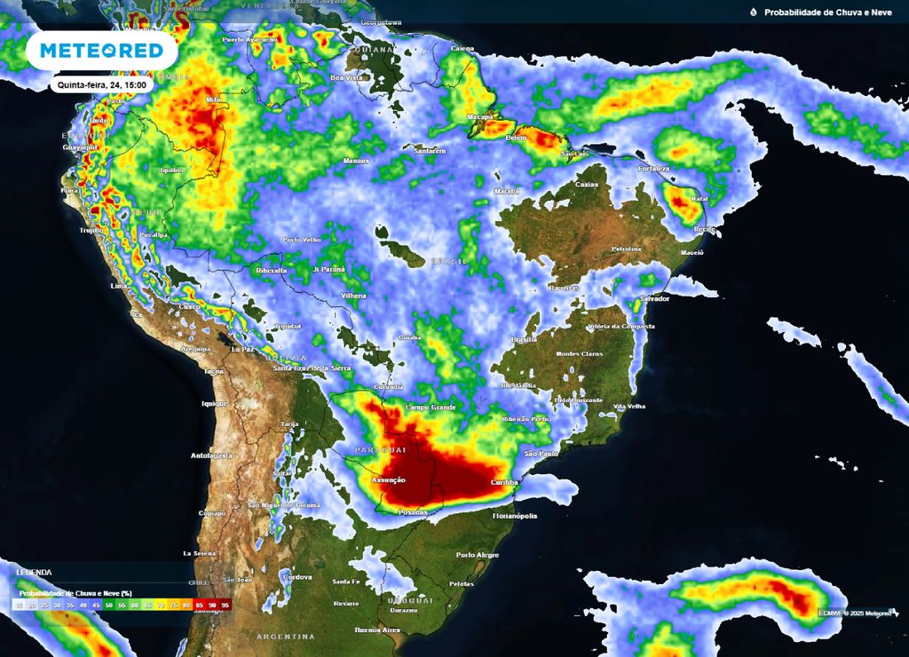 Mapa de probabilidade de precipitação para a tarde de quinta-feira (24), segundo o modelo ECMWF. Mapa de probabilidade de precipitação para a tarde de quinta-feira (24), segundo o modelo ECMWF.