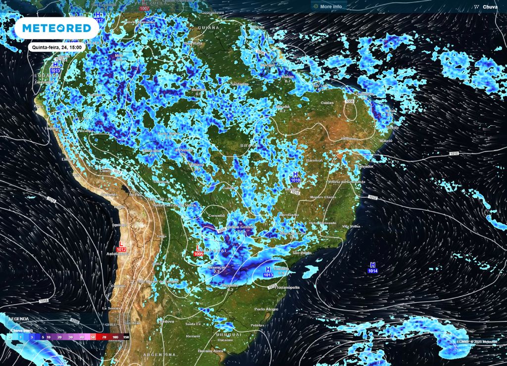 Mapa de precipitação prevista e linhas de pressão para a tarde de quinta-feira (24). Mapa de precipitação prevista e linhas de pressão para a tarde de quinta-feira (24).