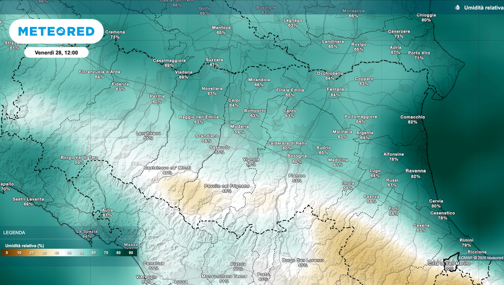 Caldo e afa in Emilia Romagna, la mappa mostra l'umidità relativa prevista