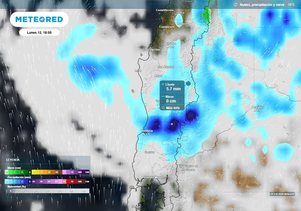 Pronóstico de lluvias y tormentas eléctricas para Chile centro-sur Precipitación (mm) para la tarde del lunes (12) en Chile centro-sur.