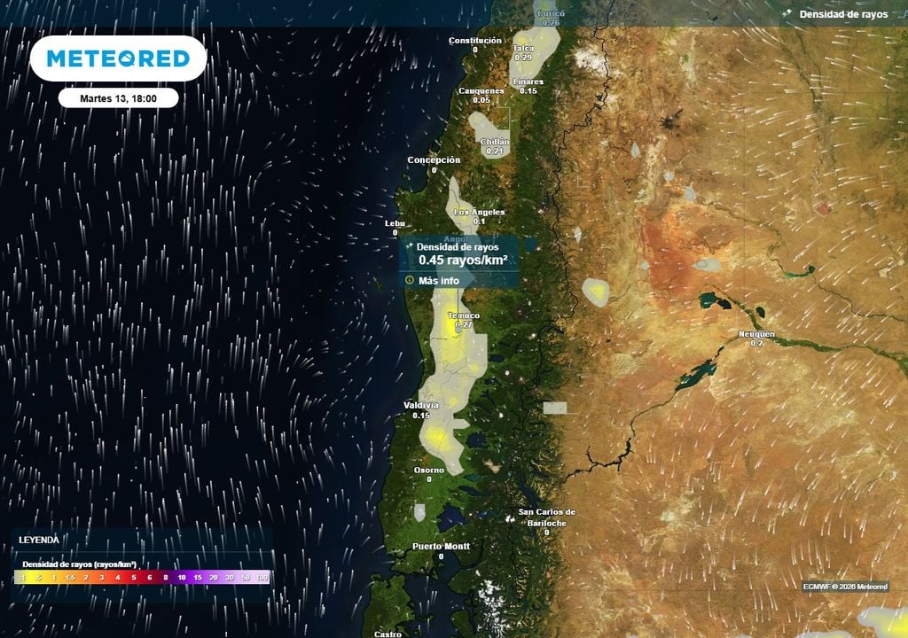 Pronóstico de lluvias y tormentas eléctricas para Chile centro-sur Densidad de rayos (#/km2) para la tarde del martes (13) en Chile centro-sur.