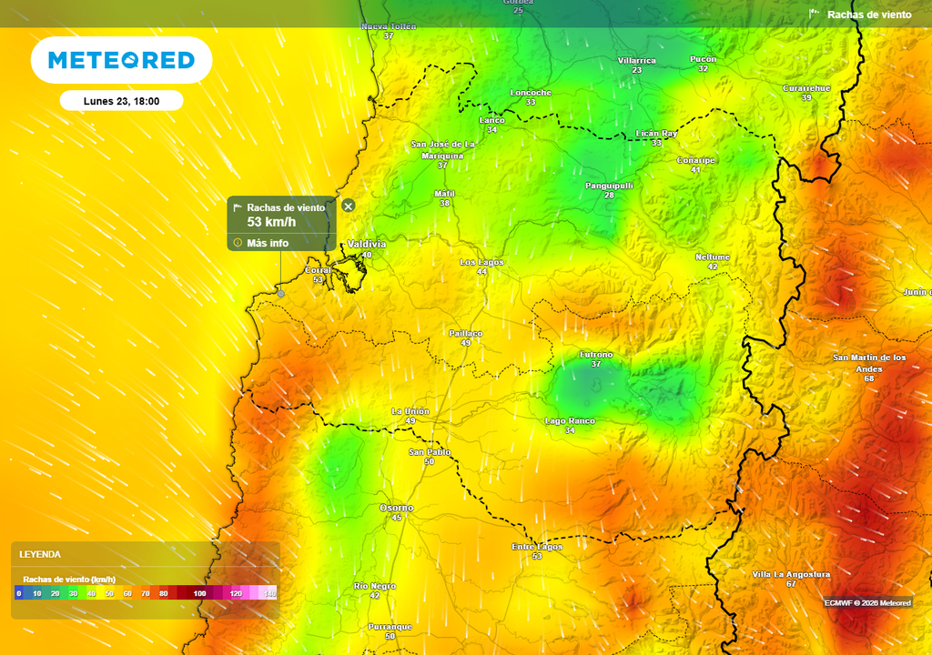 Rachas de viento (km/h) para la tarde del lunes 23 de marzo 2026 en la Región de Los Ríos.