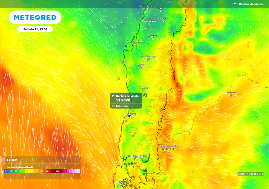 Rachas de viento (km/h) para la tarde del sábado 21 de marzo 2026 en Chile centro-sur.