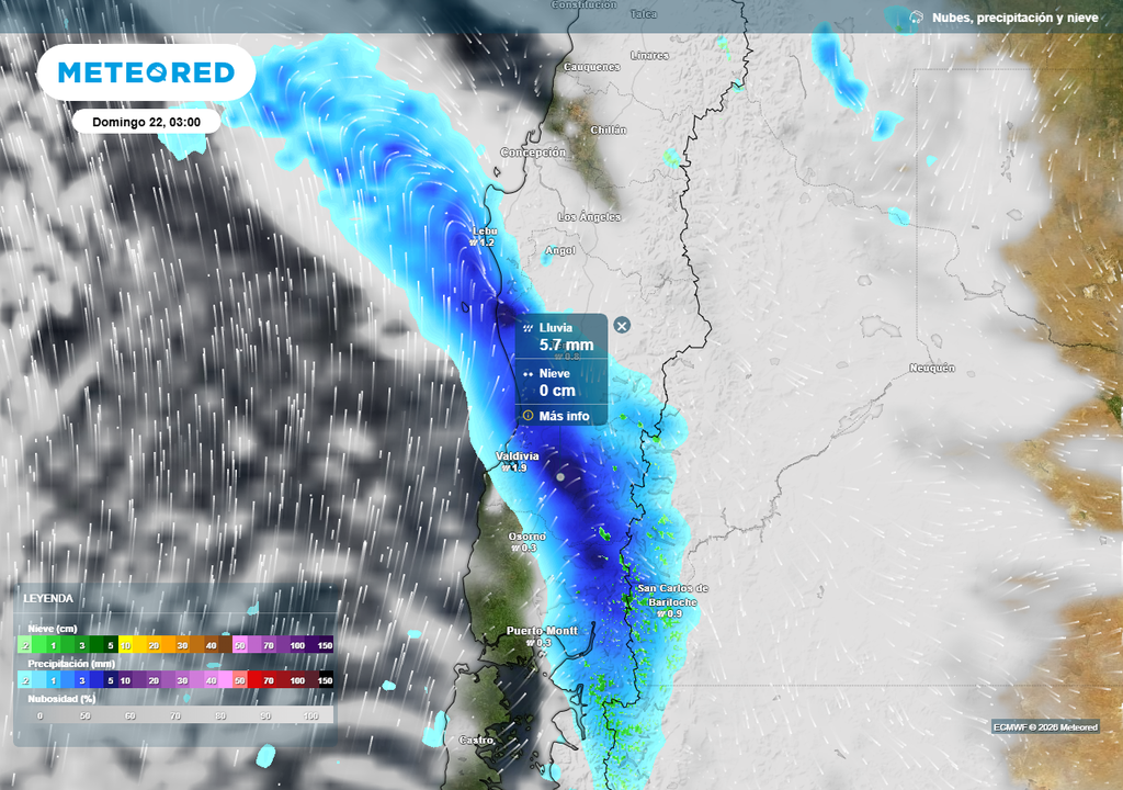 Precipitación (mm) para la madrugada del domingo 22 de marzo 2026 en Chile centro-sur.