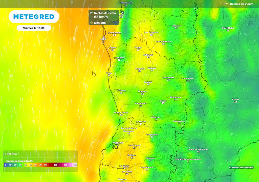 Rachas de viento (km/h) para la tarde del viernes 06 de febrero 2026 en las regiones de Biobío, La Araucanía y Los Ríos.
