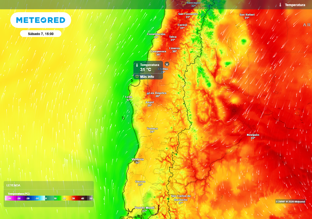 Temperatura máxima (°C) para el sábado 07 de febrero 2026 en Chile centro sur.