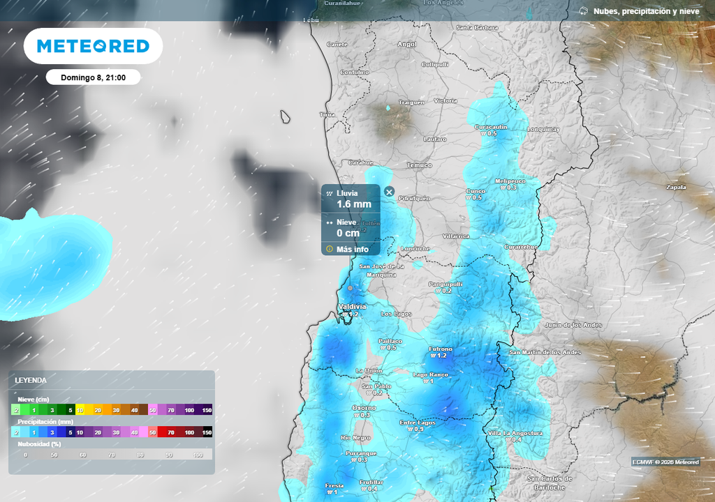 Precipitación (mm) para la noche del domingo 08 de febrero 2026 en las regiones de La Araucanía y Los Ríos.