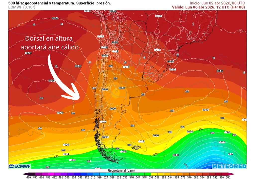 Meteored pronostica una dorsal en altura para la próxima semana en Chile centro-sur Posición de la dorsal en altura para la mañana del lunes 06 de abril 2026 (flecha blanca).