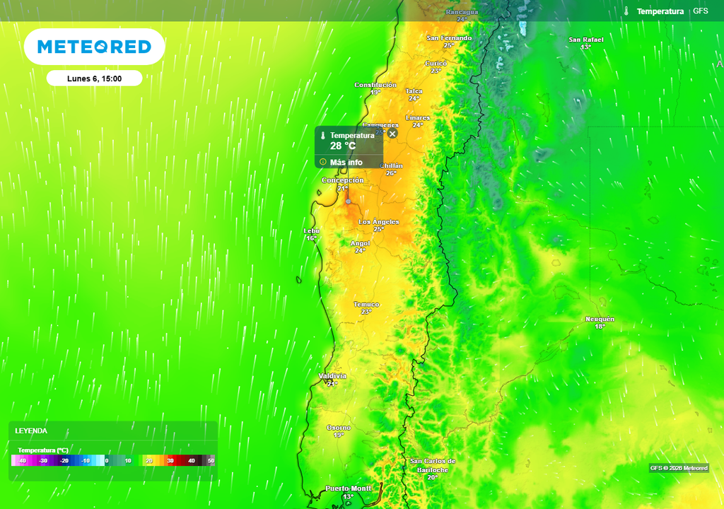 Meteored pronostica altas temperaturas para la próxima semana en Chile centro-sur Temperatura máxima (°C) para el lunes 06 de abril 2026 en Chile centro-sur.
