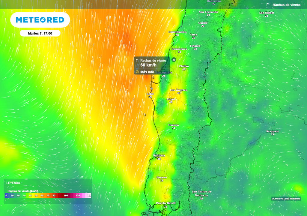 Meteored pronostica rachas de viento de 60 km/h para Chile centro-sur Rachas de viento (km/h) para la tarde del martes 07 de abril 2026 en Chile centro-sur.