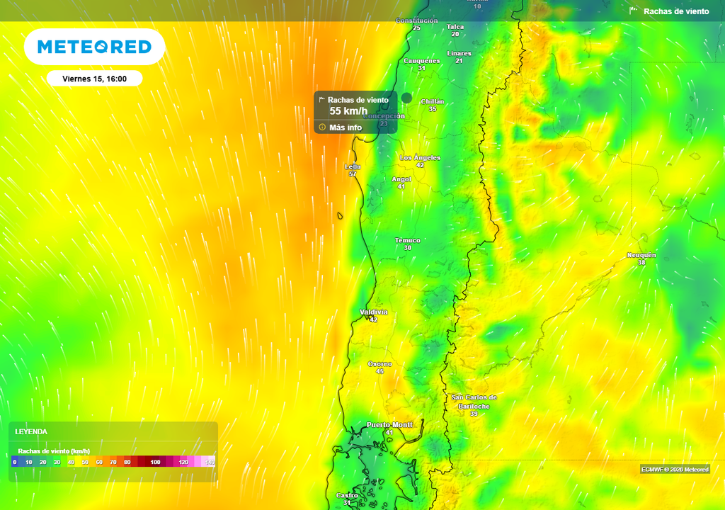 Rachas de viento (km/h) para la tarde del viernes 15 de mayo 2026 en Chile centro-sur.