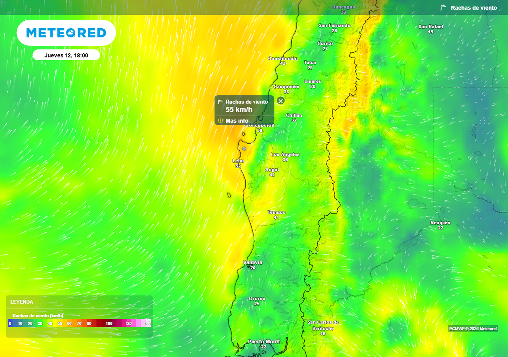 Rachas de viento (km/h) para la tarde del jueves 12 de marzo 2026 en Chile centro-sur.
