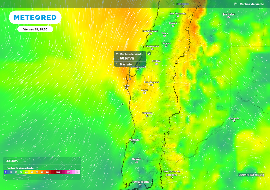 Rachas de viento (km/h) para la tarde del viernes 13 de marzo 2026 en Chile centro-sur.