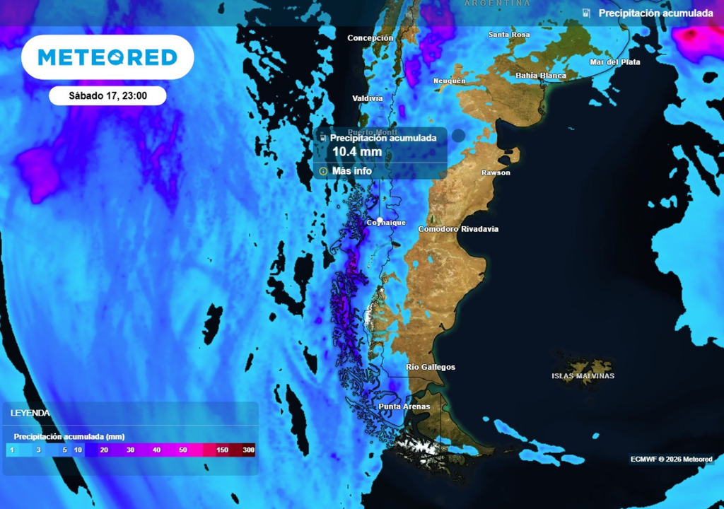 precipitación acumulada En el interior de Aysén se esperan acumulados en torno a los 10 mm este fin de semana.