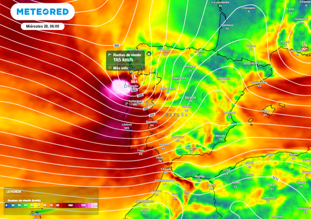 Rachas previstas, según escala y km/h, por el modelo ECMWF para el día 28 de enero 2026 06 h.l.p o. .Tiempo.com