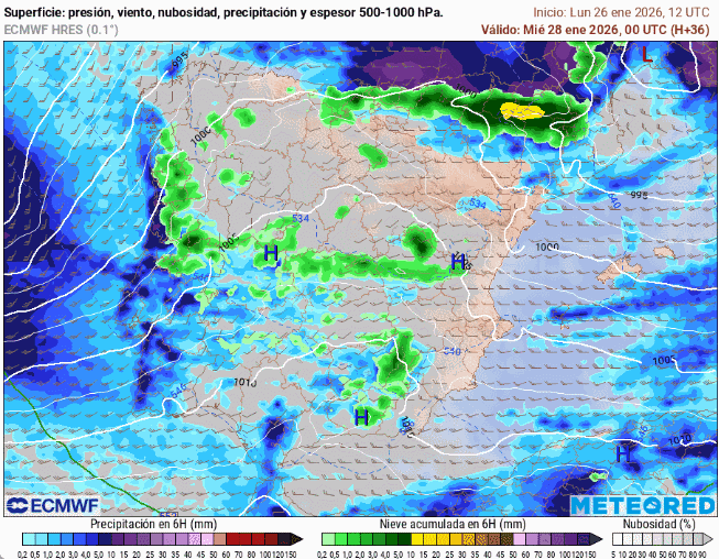 Evolución de la presión en superficie y precipitaciones previstas, en escala de colores, para el 28 de enero de 2026. Tiempo.com