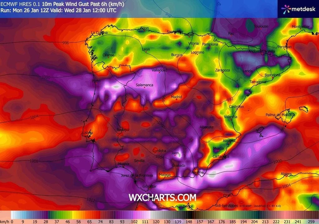 Rachas prevista para el miércoles 28 de enero de 2026 a las 12 UTC, según modelo ECMWF y escala de colores. WXCHARTS