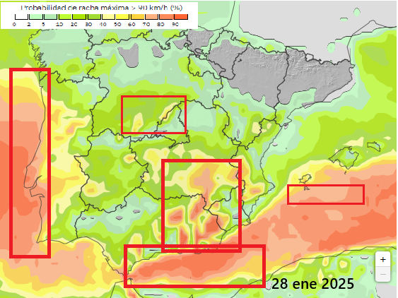 Probabilidad de que se superen rachas de 90 km/h para el día 28 de enero de 2026, se marcan las zonas más expuestas a este umbral. AEMET