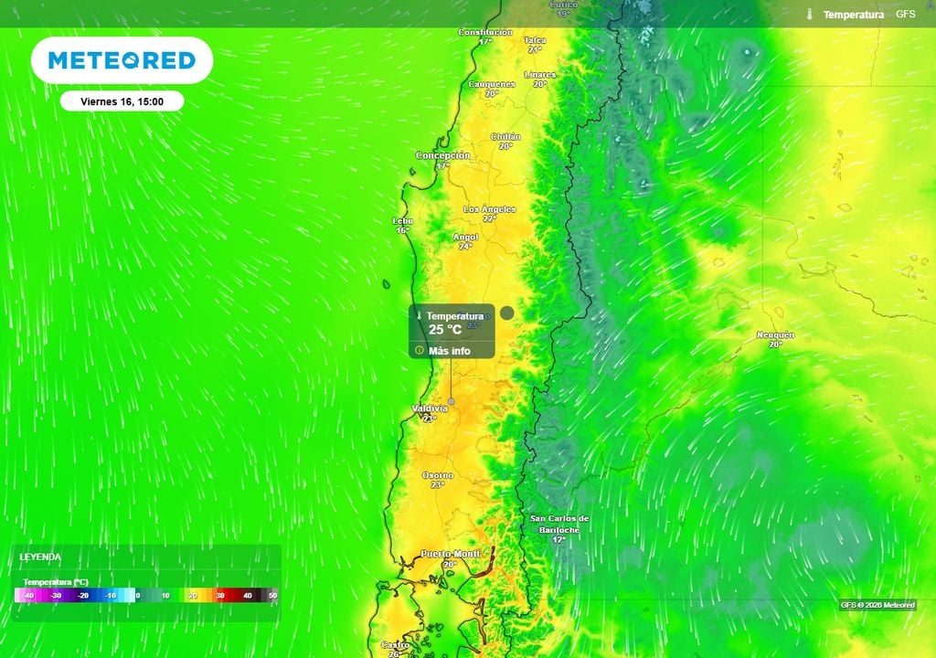 Temperatura máxima (°C) para el viernes (16) en Chile centro-sur.