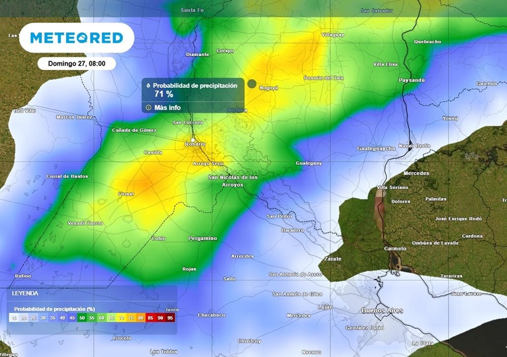 40-70 % de probabilidad de lluvias y tormentas matinales sobre la ciudad de Rosario y sus inmediaciones Entre un 40-80 % de probabilidad de lluvias y tormentas matinales sobre la ciudad de Rosario y sus inmediaciones.