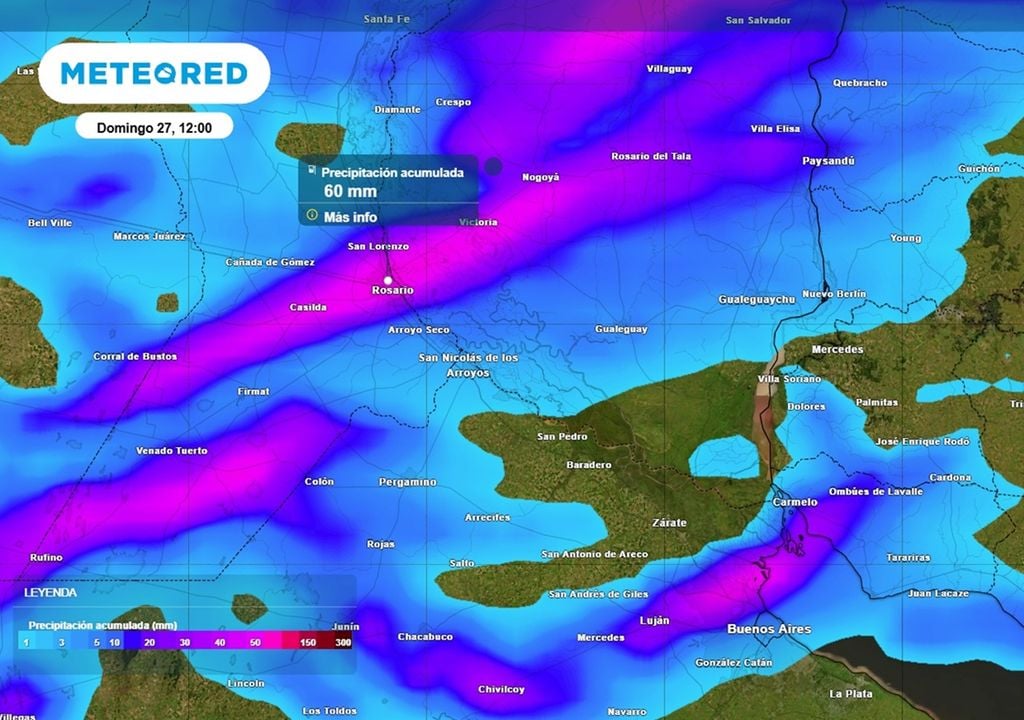 precipitación acumulada entre 20 y 50 mm, pudiendo ser superados de manera puntual. Rige alerta del SMN por tormentas fuertes en el sur de Santa Fe y norte de Buenos Aires, con acumulados de lluvia de entre 20 y 50 mm, pudiendo ser superados de manera puntual.