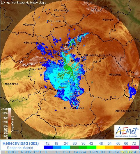 Radar De Madrid: Atenuación “global” De La Señal Radar Por Intensas Precipitaciones PPI: 11 de octubre 2014 a las 19:20 UTC. Fuerte atenuación global de ecos: la precipitación intensa está sobre el radomo.